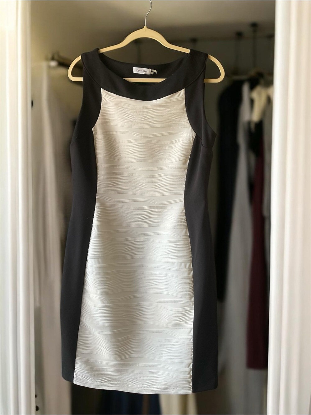 Calvin Klein Black and Ivory Textured Sheath Midi Dress